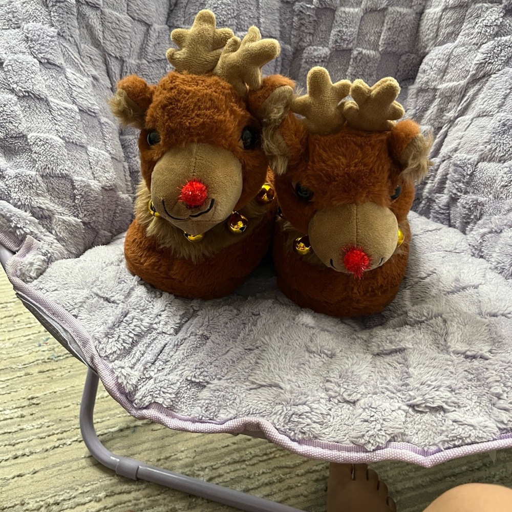 Brown Reindeer Slippers with Red Nose